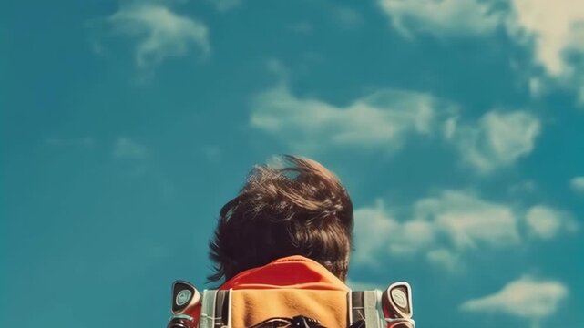 Back View of a Child with a Backpack Looking Up at a Cloudy Blue Sky