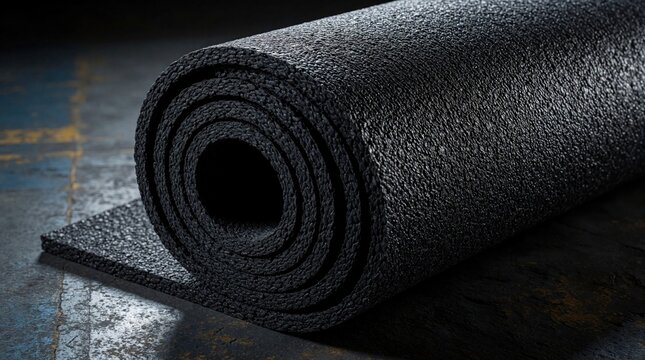 Rolled black acoustic insulation mat lies on dark industrial floor. Textured soundproof foam material shows macro detail in dramatic light. Flexible absorbent padding used for noise reduction,