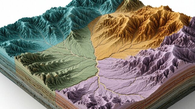 3D digital terrain model shows landforms with colored sections and rivers. Layers depict earth strata, useful for geography, geology, or planning.