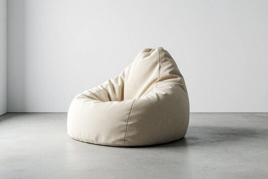Cream bean bag chair rests on bare concrete floor. Simple modern lounge furniture mockup set against plain white wall. Comfortable seating design for stylish room setting.