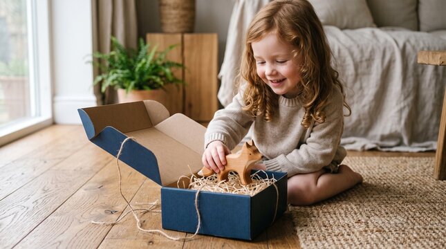 Joyful young girl with red curly hair unboxing a wooden fox toy from a blue gift box