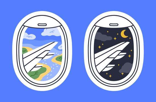 Flying aircraft portholes view. Airplane windows day and night sky view flat vector illustration set. Plane travel skyscapes