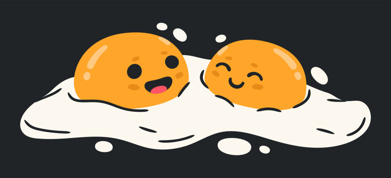 Cute fried eggs emoji. Fried eggs funny characters, comic egg mascot with humorous face flat vector illustration. Cartoon chicken eggs for breakfast