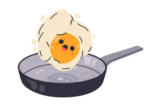 Cartoon fried eggs mascot. Chicken egg character in frying pan, funny comic egg with with humorous face flat vector illustration. Cute fried egg mascot with facial emotions