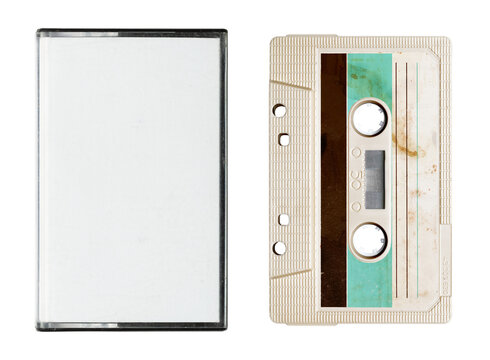 Grunge audio cassette tape with blank case. Png isolated on transparent background