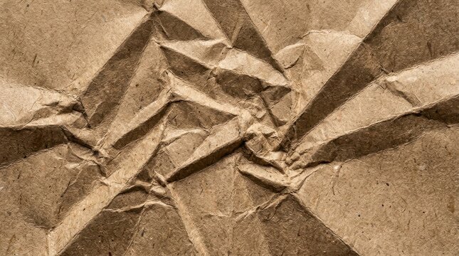 Crinkled brown kraft paper texture displays a heavily folded and rumpled surface crumpled creased wrinkled rippled textured cardboard material background abstract close up detail rough uneven