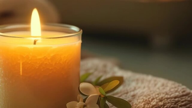 Close-up of a Glowing Candle in a Textured Jar with a White Flower