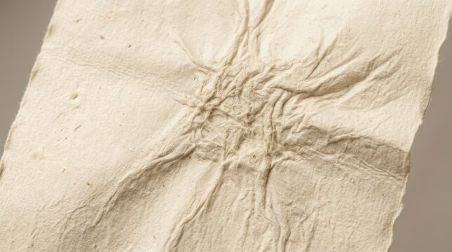 Gathered fabric texture displays a central puckered seam against a neutral backdrop buckled cloth crumpled creased draped fiber fold material sewing textile wrinkled beige cream