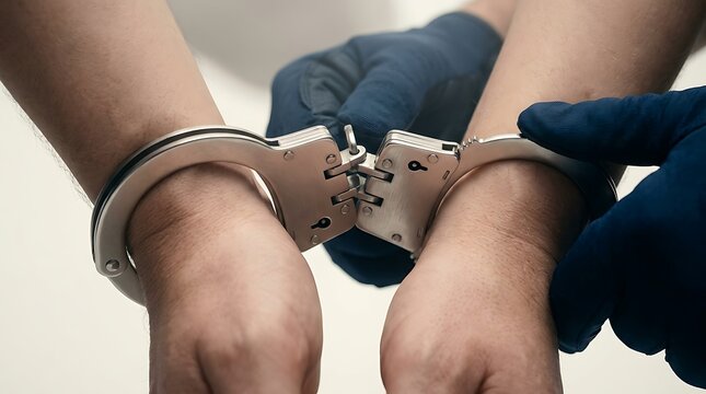 Law enforcement officer putting steel handcuffs on a suspect's wrists during an arrest