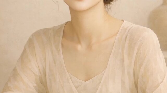 Close-up of a Woman in a Sheer Beige Dress
