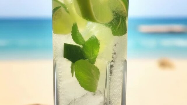 Close-up of Refreshing Lime and Mint Sparkling Soda on a Beach