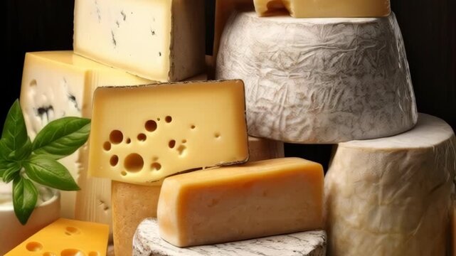 Assorted Artisan Cheese Selection with Fresh Basil Leaf