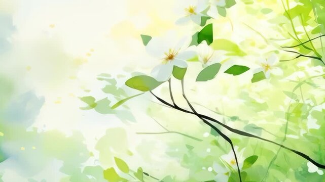 Ethereal white flowers and green leaves on a branch with soft pastel background