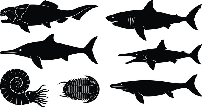 Prehistoric Marine Creature Silhouette Collection with Sharks Ichthyosaurs Ammonite and Trilobite
