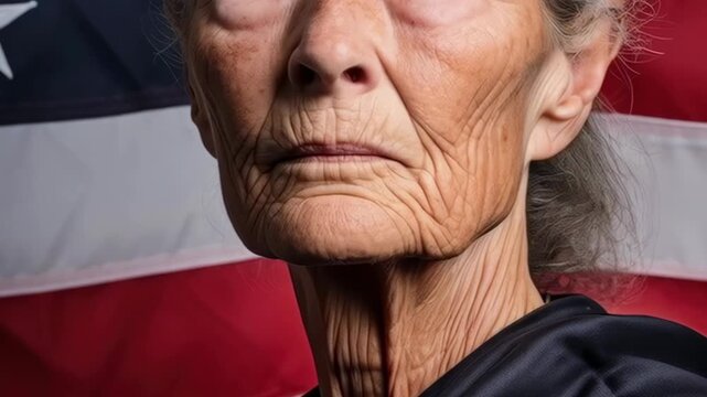 Extreme Close-up of an Elderly Person's Wrinkled Face with American Flag Background