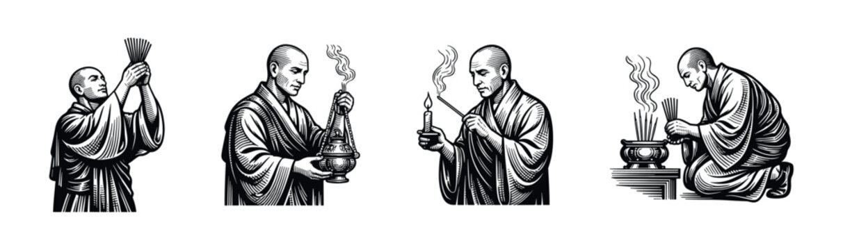 Monks performing rituals vector illustration set in black and white silhouette style