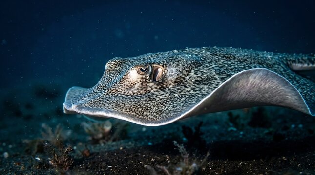 Round Ray: Close-up view of a spotted marine ray gliding