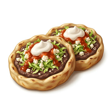 Two mexican sopes with black beans, lettuce, salsa, and cheese crumbles. Perfect for food blogs, restaurant menus, and culinary websites.