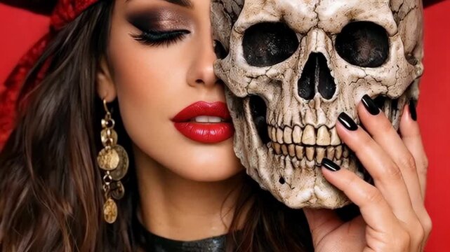 Portrait of a Woman with Red Lipstick and Bandana Leaning Against a Skull