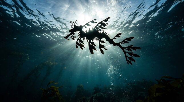 Detailed silhouette of a leafy sea dragon swimming through clear