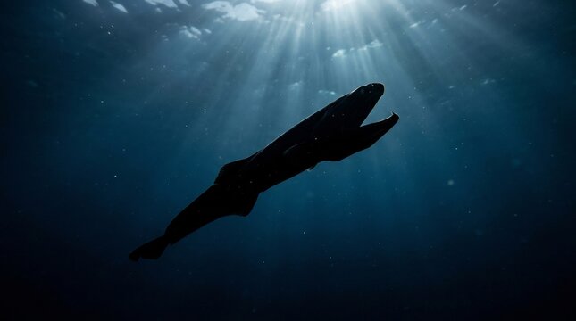 Gulper Eel: Silhouette of Large Eel Swimming Upward Toward Sunlight