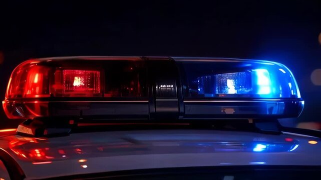 Close-up of Police Car Light Bar with Flashing Red and Blue Lights