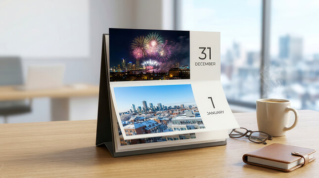 Desk calendar showing December 31 and January 1 with city skyline views on a table
