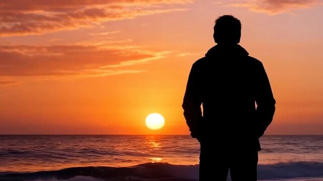 Silhouette of a man standing on a beach at sunset