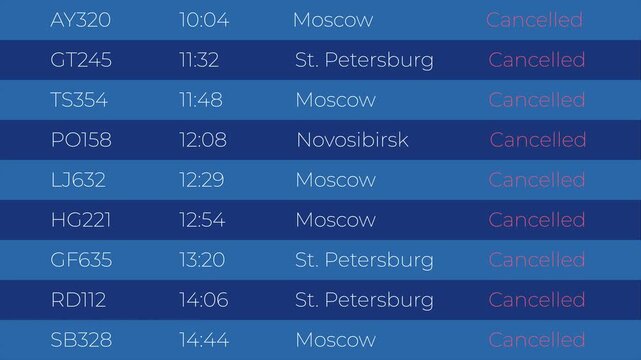 Horizontal 4K video. Flat Animation. Air traffic cancellation. Information screen board at airport. Flight to Moscow, Russian cities canceled. Planes do not fly to Russia. Public transport problems