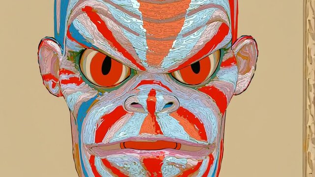 he Face That Stares In Abstract Tension As Bold Stripes And Weathered Color Shape A Stern Painted Icon, ai generated.	
