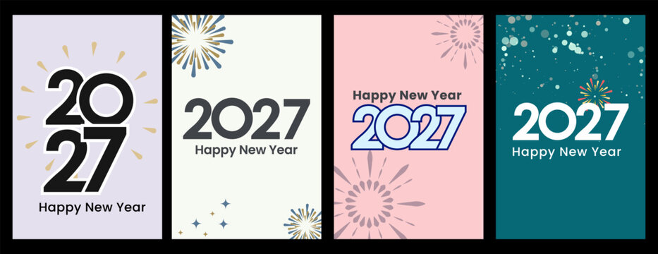 Happy New Year 2027 Celebration Poster Collection with Fireworks, Sparkles, and Bold Typography on Pastel Backgrounds, Modern Holiday Greeting Card Vector Templates