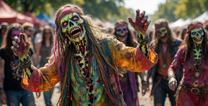 Colorful undead beings in hippie attire dance at an outdoor daytime event, possibly a festival. Other zombies follow, dressed similarly, creating a festive yet eerie scene.