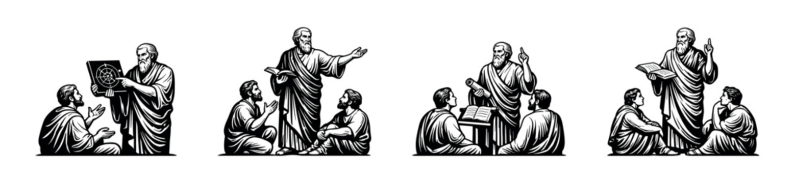 Ancient greek philosopher teaching scene silhouette, educational vector elements illustration
