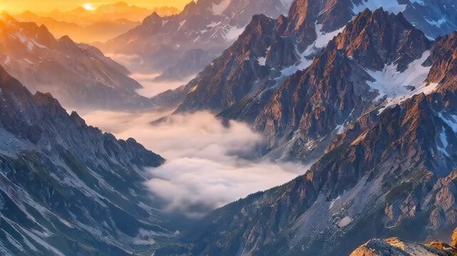 Dramatic Alpine Peaks with Golden Sunset Light and Clouds in the Valley