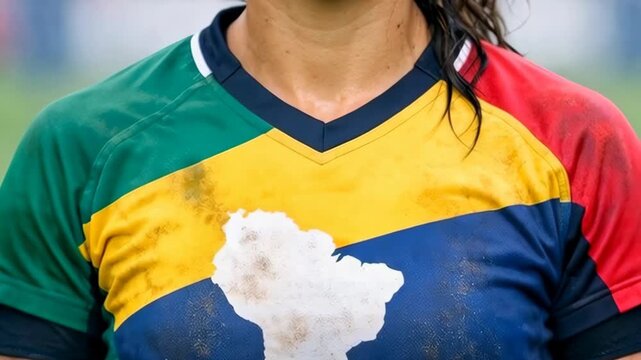 Close-up of an Athlete Wearing a Grass-Stained Soccer Jersey with National Colors