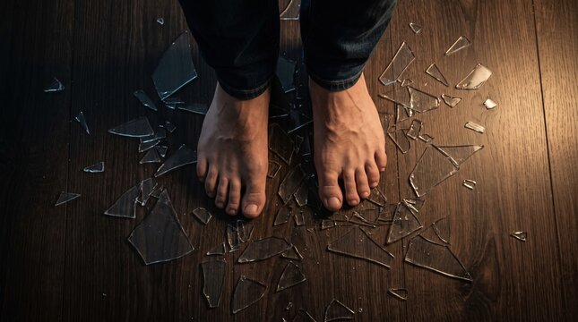 feet standing dangerously among broken glass shards scattered on a wooden floor.