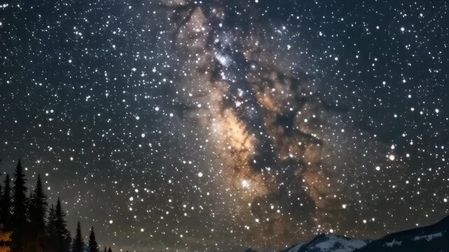 Milky Way Galaxy over a Pine Forest and Snowy Mountain Peaks