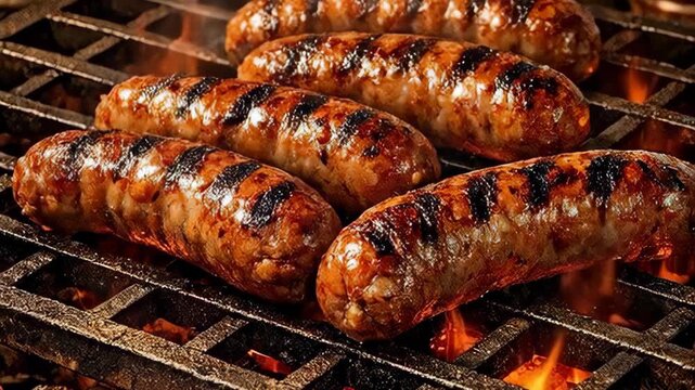 Grilled Sausages Searing on a Metal Grill over Flames