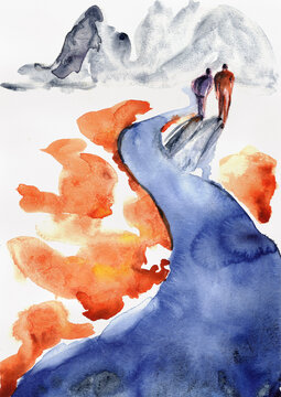 Two People Walking Beside a Winding River, Expressive Hand-Painted Watercolor