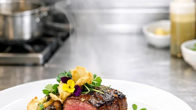 Gourmet Med-Rare Beef Steak with Edible Flowers and Microgreens in a Restaurant Kitchen