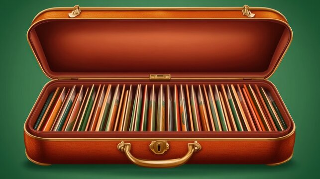 Open retro leather suitcase filled with a neat collection of colorful drawing pencils arranged in rows on a solid green background for artists and creative work