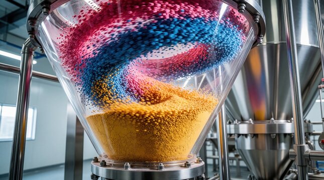 Industrial cyclone separator processes colorful dye powder in modern factory. Centrifugal force splits pink blue, yellow granules from air stream. High tech manufacturing equipment uses automated