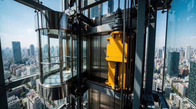 Glass elevator ascends building shaft, revealing bright cityscape below. Its yellow counterweight mechanism and steel cables show engineering detail. People travel high up inside a modern lift.