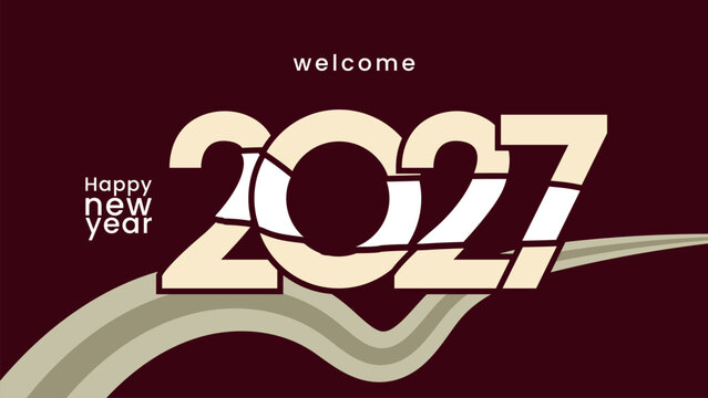 Welcome Happy New Year 2027 Typography Banner with Bold Sliced Numbers and Dynamic Wavy Ribbon on Dark Maroon Background, Modern Celebration Greeting Card Vector Layout