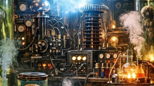 Steampunk Laboratory with Tesla Coil and Glowing Science Equipment