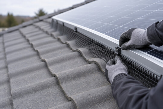 Installing bird exclusion mesh along a rooftop solar panel