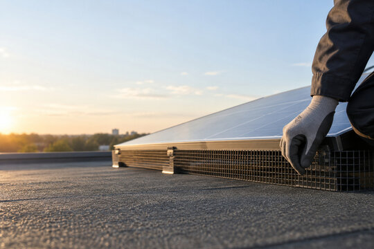 Inspecting solar panel pigeon exclusion mesh at sunset