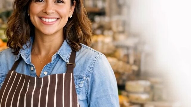 Smiling Woman Wearing a Striped Apron in a Gourmet Food Shop