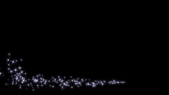 Luxury white star trail animation, magic glitter particles, twinkling fairy dust shimmer, glowing pixie dust burst, abstract line path motion, black screen background, seamless 4k video