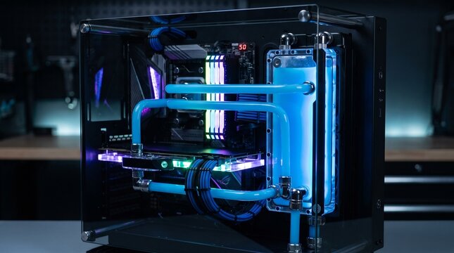 Custom PC Build with Blue Liquid Cooling and RGB Lighting